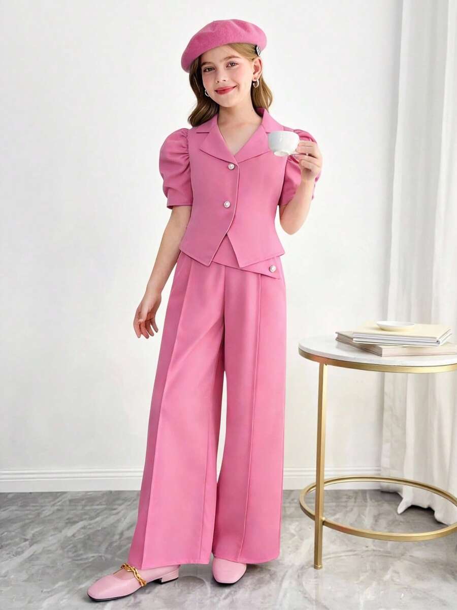 SHEIN Tween Girl Solid Color Short Sleeve Blazer Jacket And Waist Flap Decorated Button Pants Set - Pink - View 1