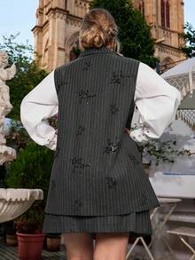 VOLUPTÉ CURVE Plus Size Women's Vintage French Commuter Striped Sleeveless Vest Jacket, Double-Breasted Design With Front Pockets, Irregular Hem, Mid-Length, Fashionable & Slimming - Dark Grey - View 3