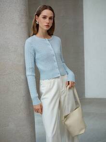 MOTF WOMEN'S EMBROIDERED LETTER PATTERN CABLE KNIT CARDIGAN - Blue - View 4