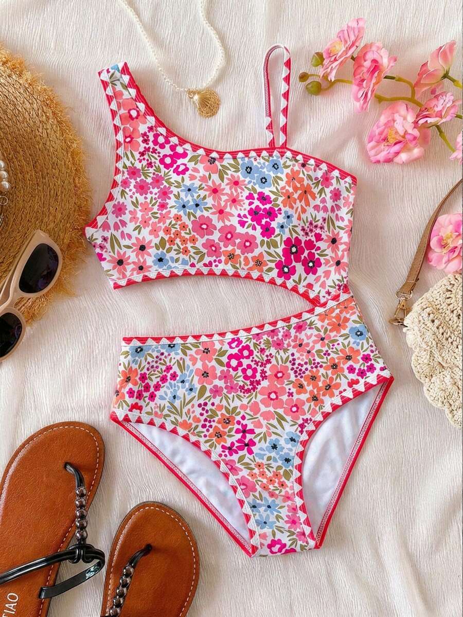 SHEIN Tween Girl Ditsy Floral One-Piece Swimsuit,White Boho Ruffle Trim Bathing Suit,Summer Holiday Vacation Pool Party High Waisted Tropical Beachwear - Multicolor - View 1