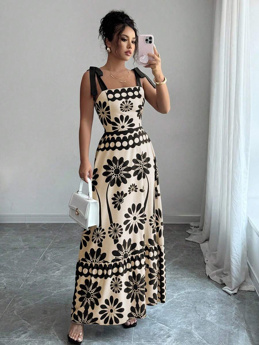 SHEIN PETITE 女士休闲波西米亚风露背印花吊带连衣裙 - 黑色 - 查看 1