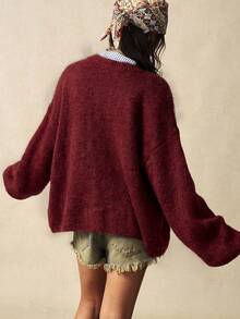 Bohemela Vintage Loose Solid Color Front Button Casual Long Sleeve Knit Cardigan - Burgundy - View 2