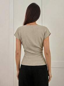 Aloruh Women's Linen Spring/Summer New Minimalist Fashion Commuter Waist Pleated Asymmetric Hem Pullover Blouse - Khaki - View 2