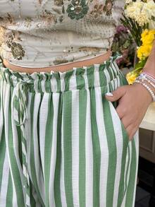 GalTyme 大码女式荷叶边腰带条纹阔腿宽松休闲裤 - 綠色 - 查看 5