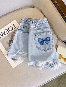 GlowEve 女士蝴蝶结刺绣毛边时尚牛仔短裤 - 藍色 - 查看 1