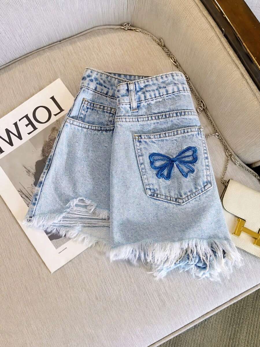 GlowEve 女士蝴蝶结刺绣毛边时尚牛仔短裤 - 藍色 - 查看 1