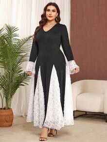 Modelyn Elegant Floral Patchwork Solid Color Knit Fabric Long Sleeve A-Line Plus Size Dress, Suitable For Daily Wear And Gatherings In Spring And Autumn - Black and White - View 6