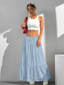 SHEIN PETITE CURVE Falda de mujer talla grande con estilo casual de vacaciones, unicolor, decoración de nudo y dobladillo escalonado - Celeste - Ver 3