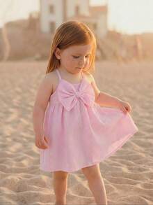 SHEIN 0-3 Years Old Baby Girl Fashionable Elegant Cute Casual Minimalist Textured Fabric Pink Striped Sleeveless Dress - Pink - View 3