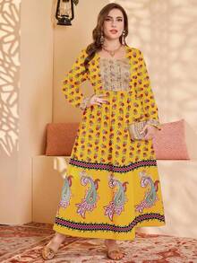 Al Najma Großgrößen Kleid mit Blume Muster und quadratischem Ausschnitt, elegant, Herbst - Gelb - Übersicht 1