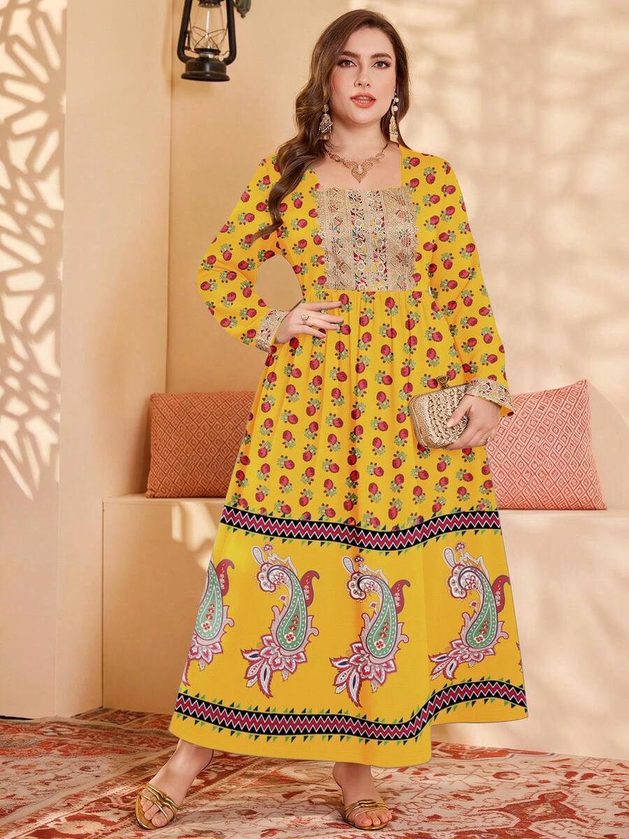 Al Najma Großgrößen Kleid mit Blume Muster und quadratischem Ausschnitt, elegant, Herbst - Gelb - Übersicht 1