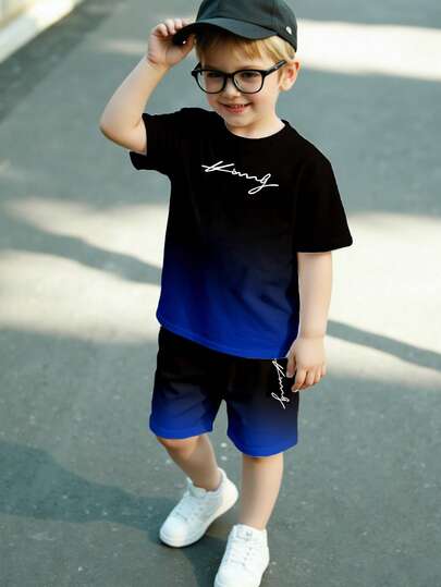 2pcs/Set Toddler Boys' Casual Creative Gradient Letter Graphic Print Short Sleeve T-Shirt And Shorts Set, Comfortable Daily Wear, Suitable For Spring, Summer And Autumn Kids Summer Sets Boy Boy Casual Sets Boy Short Sets Kids Summer Outfits