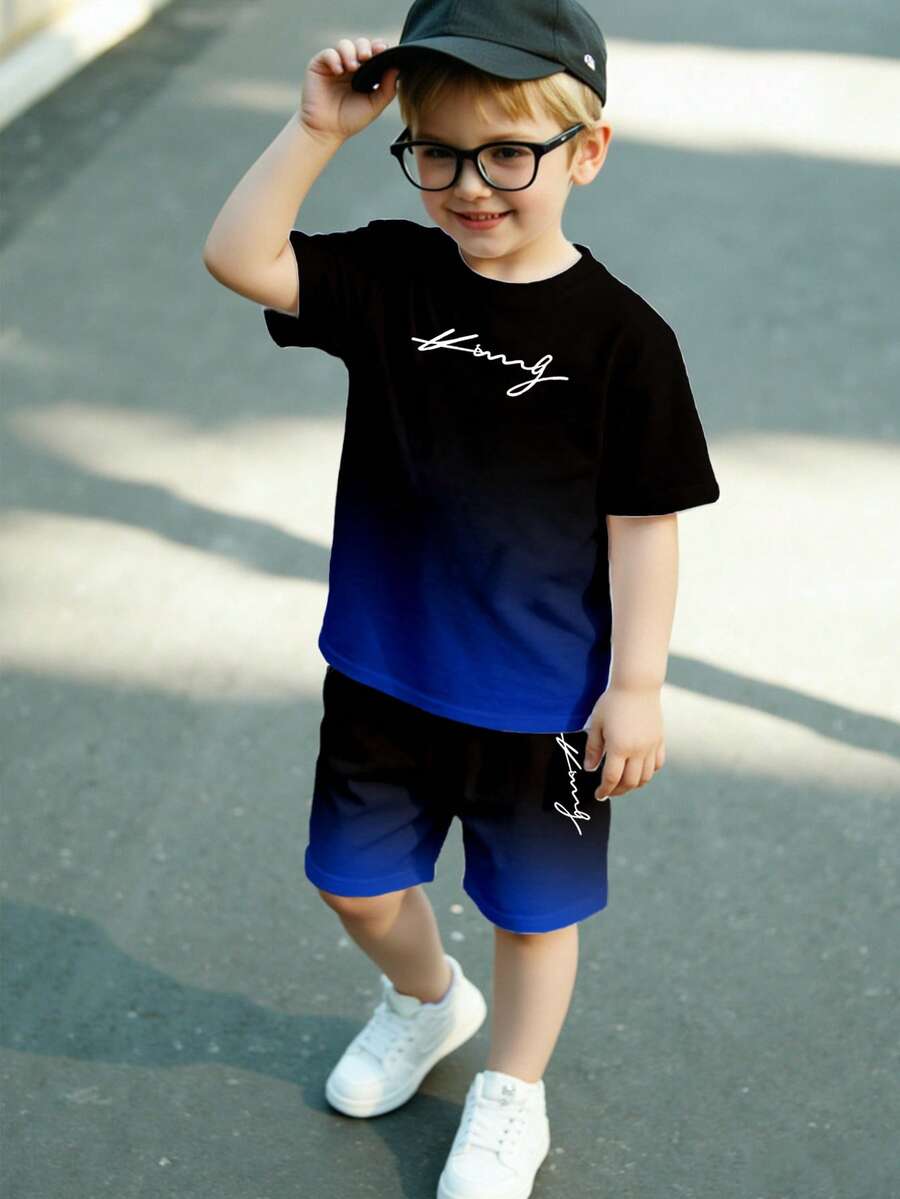 2pcs/Set Toddler Boys' Casual Creative Gradient Letter Graphic Print Short Sleeve T-Shirt And Shorts Set, Comfortable Daily Wear, Suitable For Spring, Summer And Autumn Kids Summer Sets Boy Boy Casual Sets Boy Short Sets Kids Summer Outfits - Multicolor - View 1