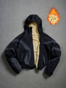 Manfinity Homme Herren Große Größen Streetstyle Jacke, schwarzes Patchwork Design, High Street Hip Hop, thermisch gefüttert, modisch vielseitig, INS passend, geeignet für Herbst/Winter, Outdoor Wandern, Fotoshooting Essentiel - Schwarz - Übersicht 6