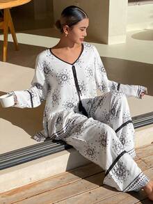 DAZY 女士睡衣两件套：宽松蕾丝拼接荷叶边长袖开衫和长裤 - 白色 - 查看 3