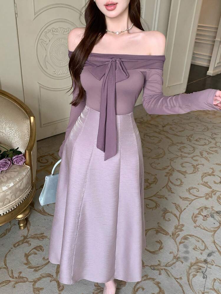 Spring & Summer Off Shoulder Bow Tie Waist Crop Top & A-Line Skirt Set, Fashion Party/Wedding/Banquet Dress