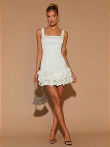 COSMINA Women's Elegant Sleeveless Square Neck Bubble Hem Mini Dress, Versatile For Dates, Valentine's Day, Wedding Guest, Spring, Women's Dress, White Dress, Square Neck Dress, Ruffle Hem Dress,Summer Dresses For Women - Apricot - View 3