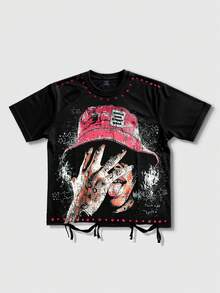 ROMWE MEN 男女通用休闲破洞短袖T恤 - 黑色 - 查看 1