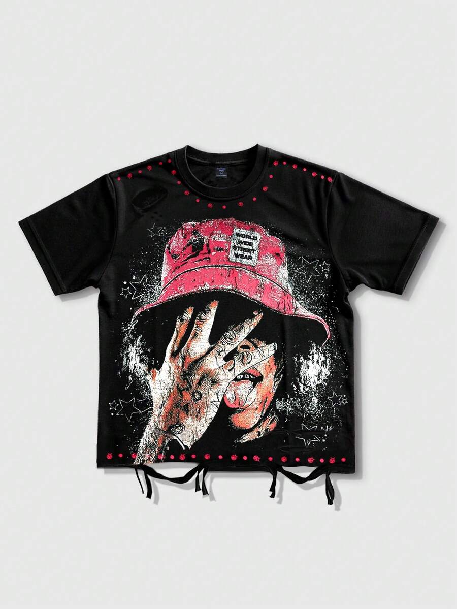 ROMWE MEN 男女通用休闲破洞短袖T恤 - 黑色 - 查看 1