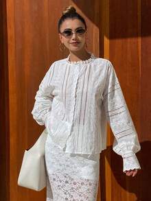 Livesso Women's Casual Lace Patchwork Puff Sleeve Shirt, Autumn/Winter - White - View 3