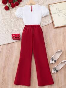 SHEIN Teen Girl Cute Puff Sleeve Top And Pants Casual Outfit - Burgundy - View 2
