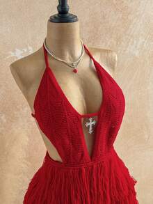 Soleia Autumn/Winter Red Fringe Sexy Women Sweater Mini Dress Summer Spring Valentine's Day Casual Vacation  Beach Wedding Birthday Going Out Elegant Casual Vacation Y2K - Red - View 4