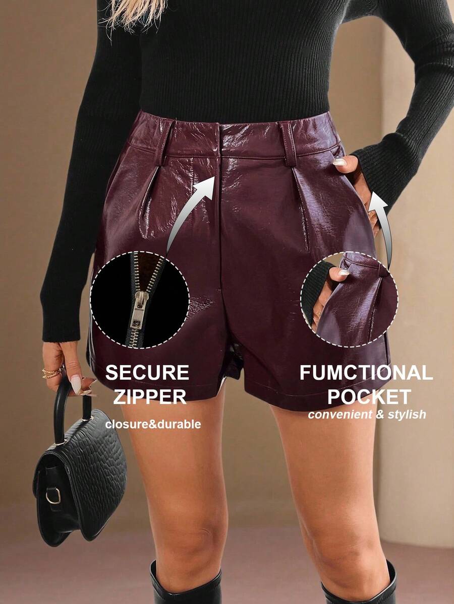 Chikora Quần short ống rộng rộng rãi chất liệu da PU màu trơn cỡ lớn