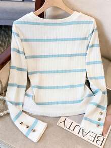 Franclia Camiseta casual de manga larga y cuello redondo acanalada, suelta y gruesa, adecuada para primavera y otoño - Azul - Ver 2