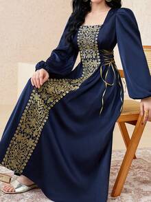 SHEIN Đầm tay phồng màu xanh hải quân phối vàng cổ điển thanh lịch, thích hợp dự tiệc cho các cô gái tuổi teen. - Màu xanh hải quân - Xem 4