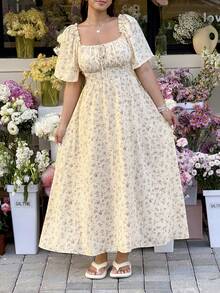 GalTyme 大码夏季休闲碎花连衣裙 - 黃色 - 查看 4