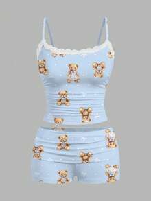 SHEIN Essnce 两件套女士蕾丝吊带背心和褶皱短裤，适合夏季穿着