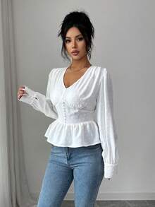 Selianne Áo kiểu nữ thanh lịch màu trắng, cổ chữ V khoét eo, tay phồng, dáng xòe, thích hợp cho mùa xuân/hè. - trắng - Xem 3