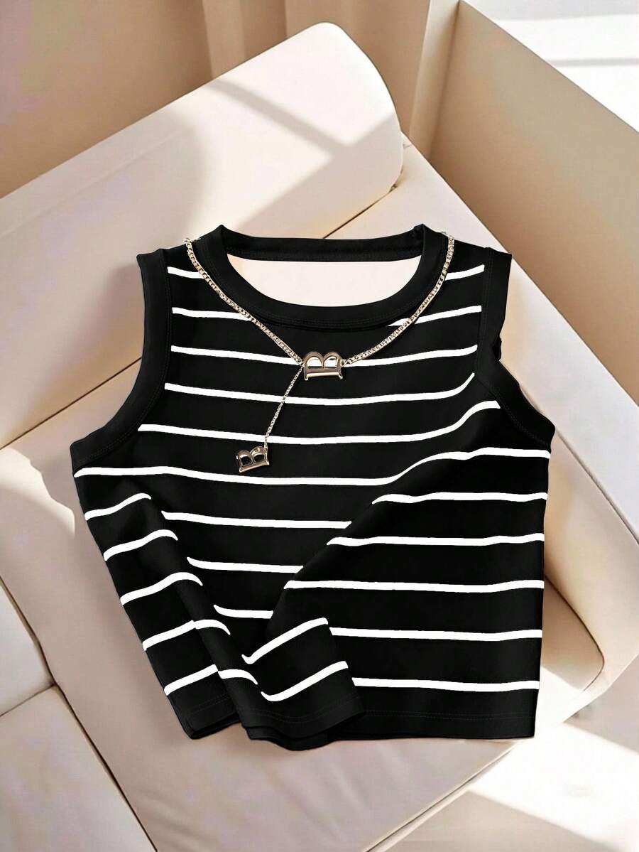 GlowEve Women's Casual Everyday Office Commute Contrast Stripe Print Tank Top, Summer - Black - View 1