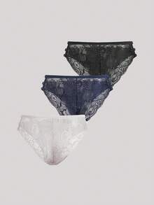 Hourtrue 3pcs Set Solid Color Lace Patchwork Spaghetti Strap Hollow Triangle Panty, Sexy & Romantic Women Underwear - Multicolor - View 2
