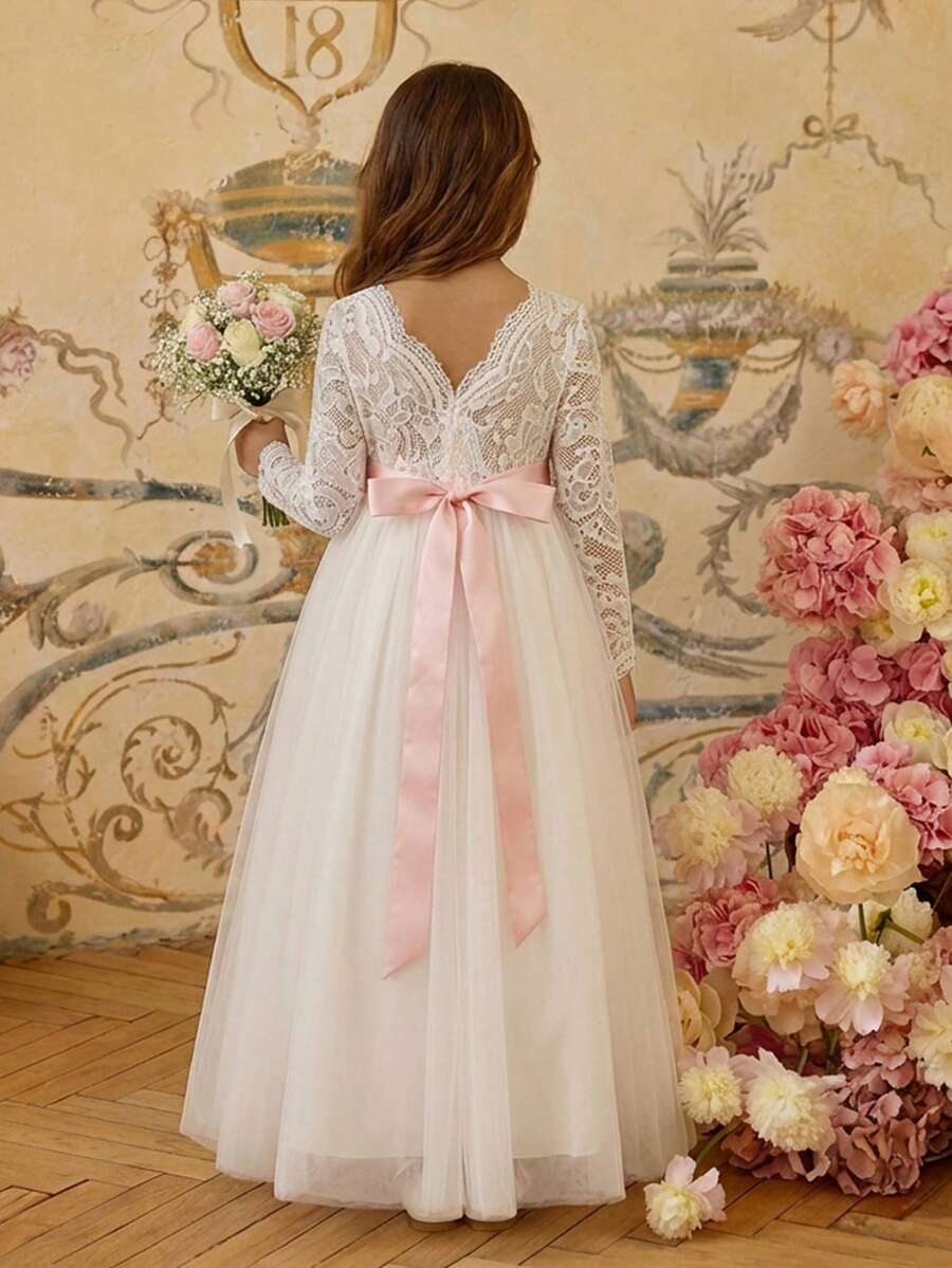 儿童蕾丝网纱长袖花童礼服，适合婚礼、演出、生日派对等场合 - 白色 - 查看 1