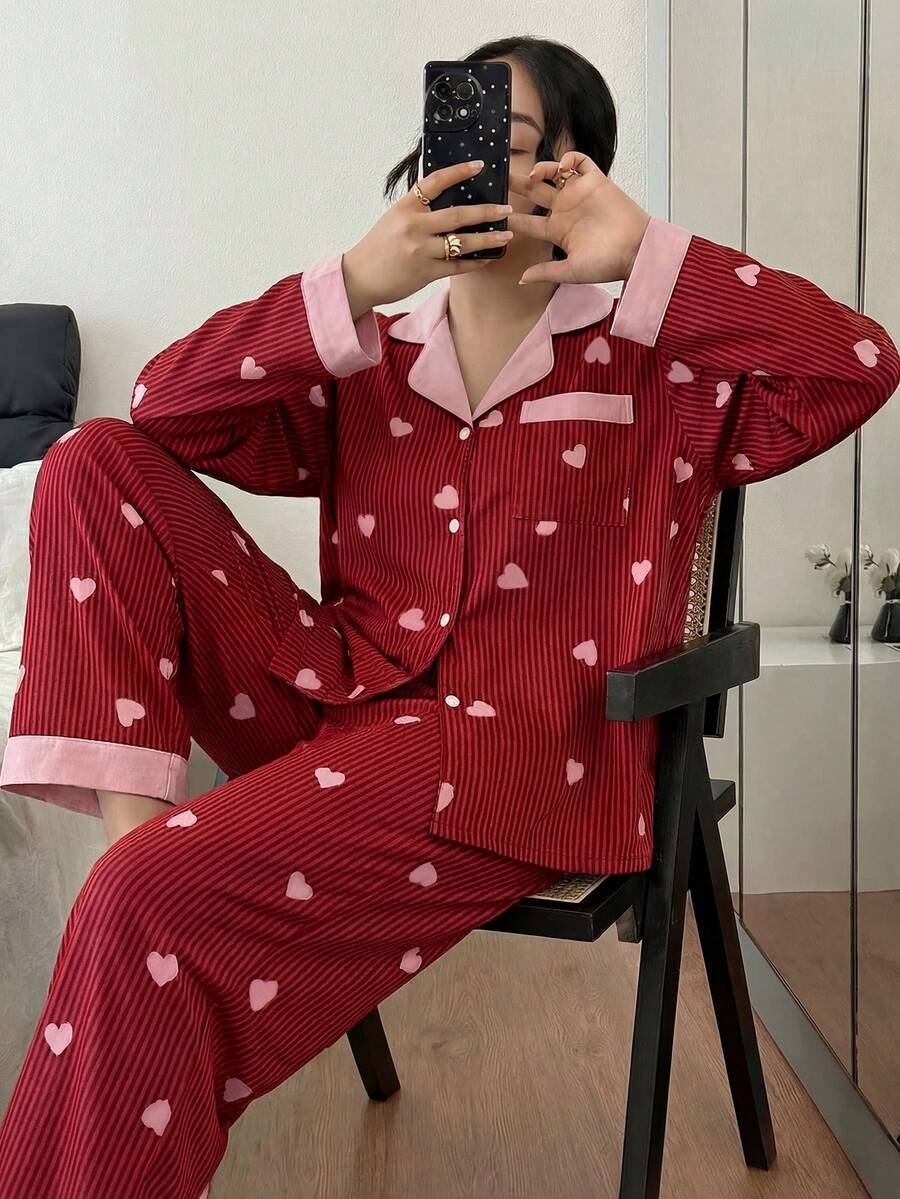 SHEIN 加大码撞色领荷叶边爱心条纹长袖睡衣套装 - 紅色 - 查看 1