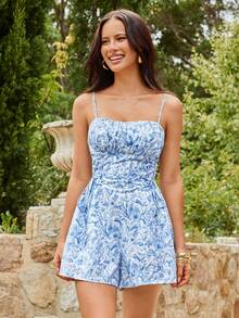 Vivid Eden 女士休闲优雅浪漫度假抽绳腰连体裤，蓝色碎花印花连体裤 - 藍白色 - 查看 12