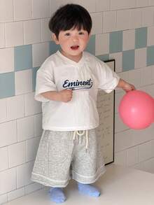 DAZY Toddler Boys' V-Neck Casual Letter Embroidered Short Sleeve Top