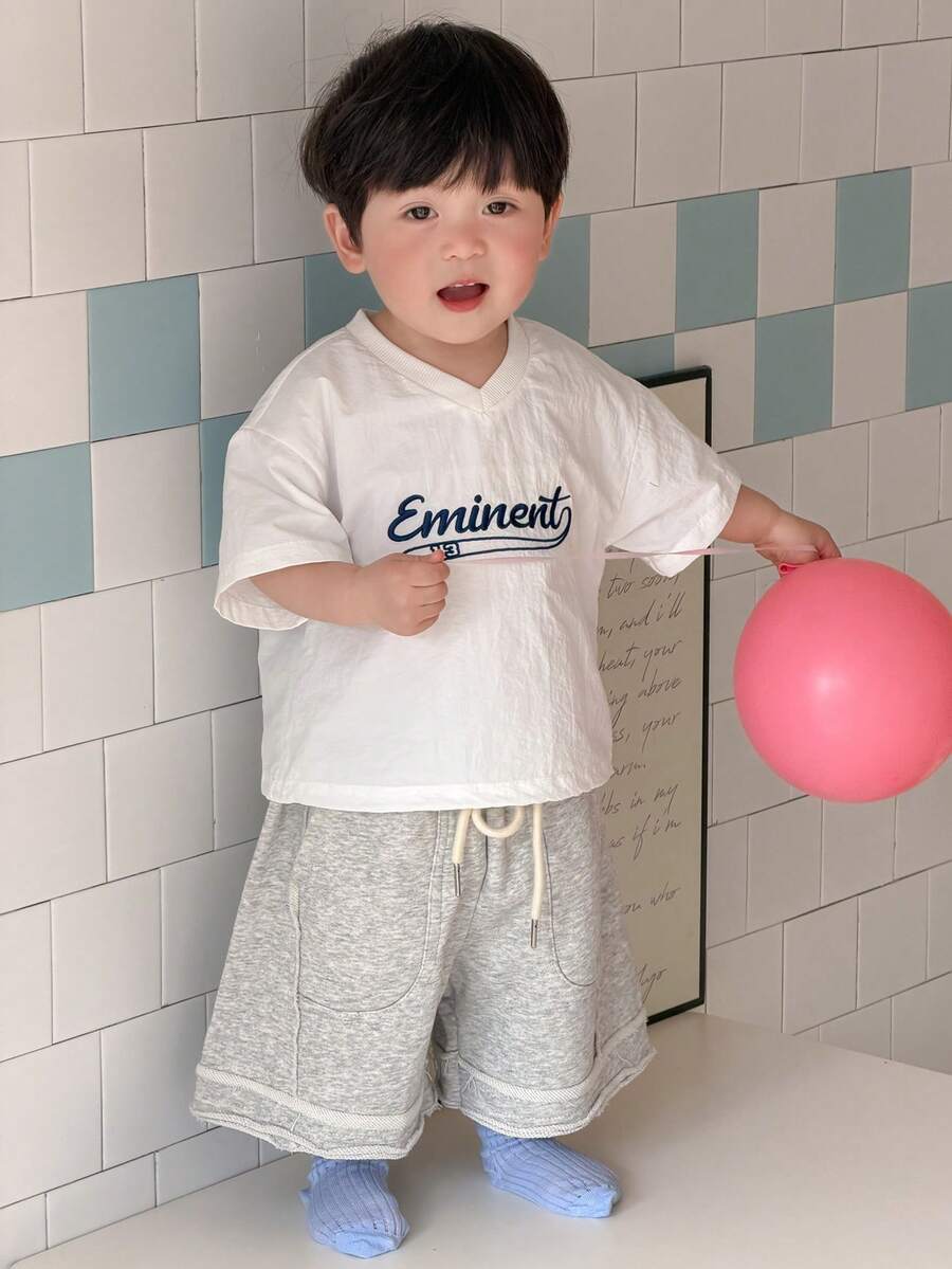 DAZY Toddler Boys' V-Neck Casual Letter Embroidered Short Sleeve Top