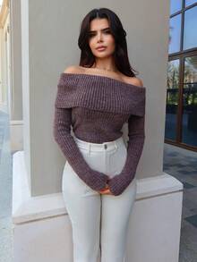 Hindelle 女士秋冬 Y2K 法兰绒露肩女式毛衣 - 棕色 - 查看 3