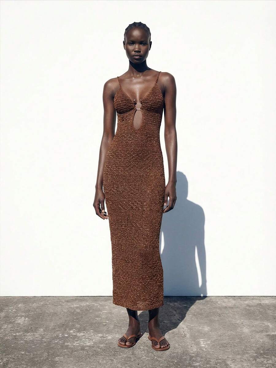 Maija Summer Khaki Round Metal Buckle Elegant Modern Knit Dress For Women, Suitable For Vacation, Holiday, Business Casual, Beach Wedding, Valentine's Day Party, Vintage, 90s, Bohemian Style