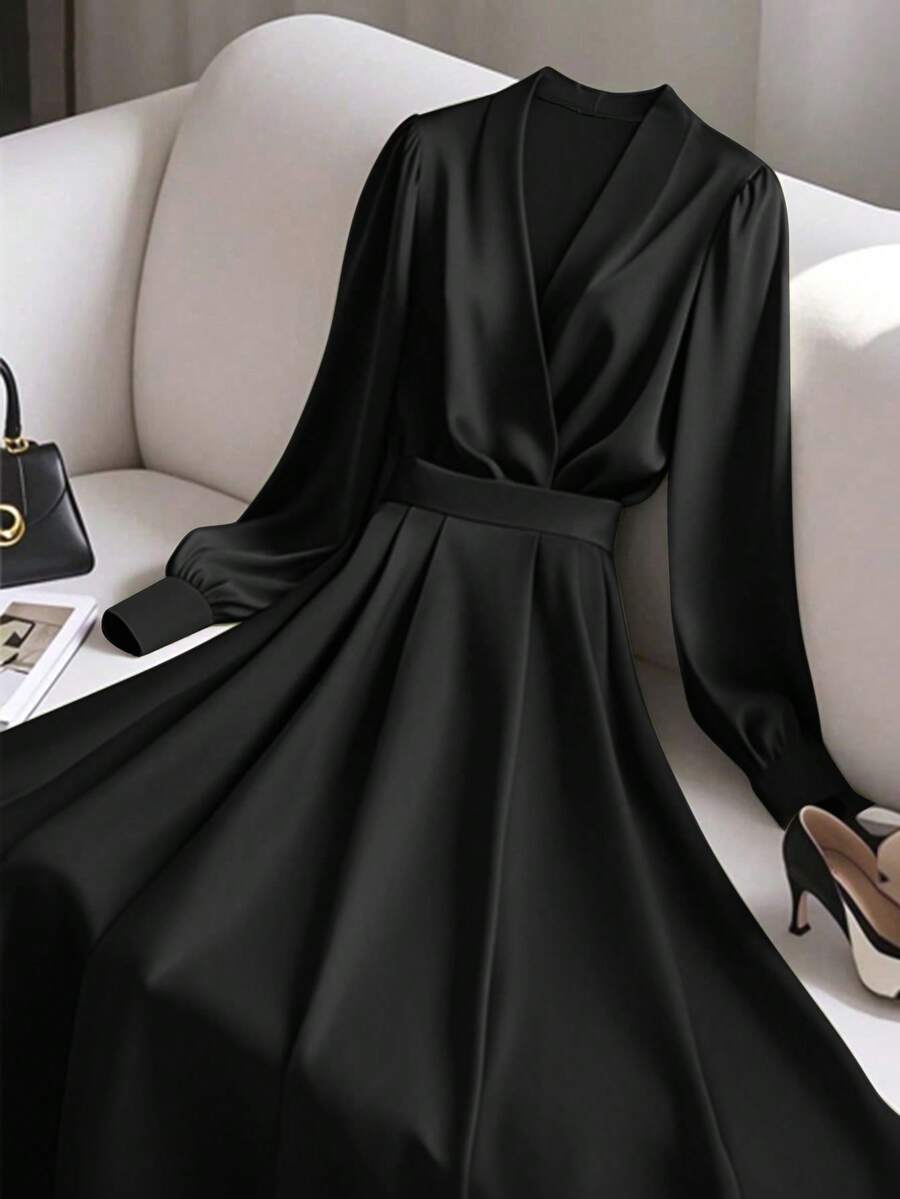 GlowEve Đầm sơ mi cổ chữ V thanh lịch dành cho nữ, màu xanh lá cây, thích hợp mặc đi làm, mùa thu/đông. - màu đen - Xem 1