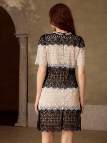 MOTF PREMIUM WOMEN'S BLACK & WHITE LACE PATCHWORK SHORT SLEEVE ELEGANT DATE NIGHT SHORT DRESS - Black and White - View 3