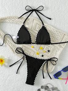 Swim Vcay Springbreak 女士新款夏季纹理纯色齿边设计露背三角泳裤侧绑带沙滩度假比基尼套装 - 黑色 - 查看 2