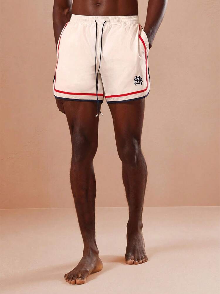 SUMWON Regular Curved Hem Beach Shorts With Contrast Piping And Logo Detail For Summer Vacation Swimwear