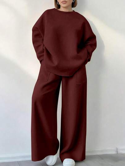 EMERY ROSE Women's Casual Commuting Simple Solid Color Drop Shoulder Loose Crew Neck Sweatshirt And Wide Leg Sweatpants 2 Piece Set