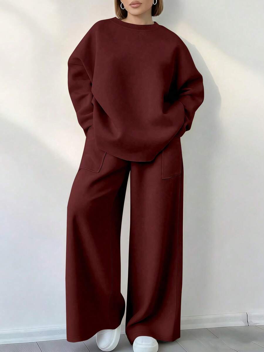 EMERY ROSE Women's Casual Commuting Simple Solid Color Drop Shoulder Loose Crew Neck Sweatshirt And Wide Leg Sweatpants 2 Piece Set - Burgundy - View 1