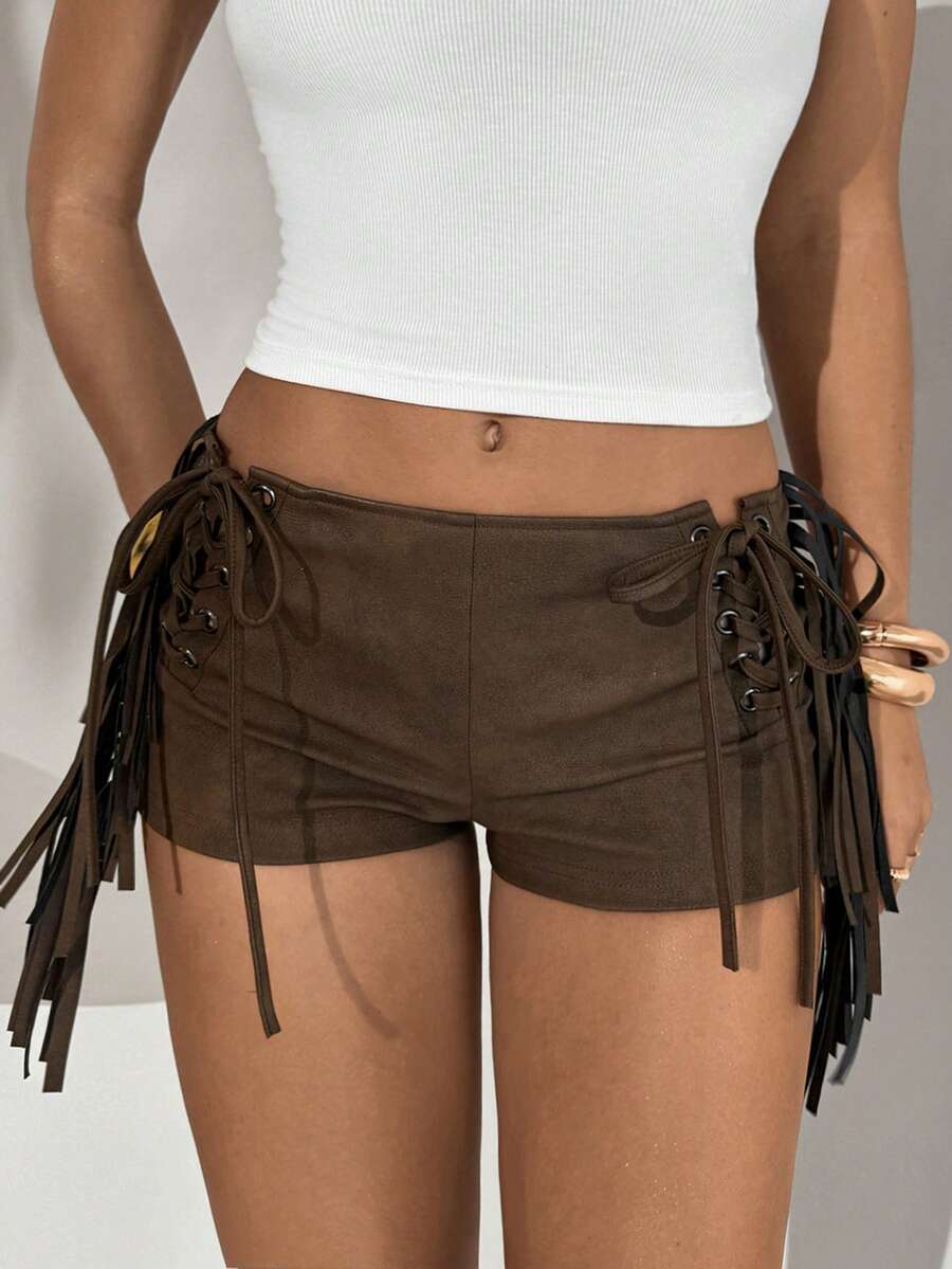 Aloruh Quần short da PU kiểu Bohemian mới dành cho nữ, màu nâu đậm nhuộm tie-dye, quần short siêu ngắn bó sát có tua rua, thích hợp cho mùa xuân/hè.