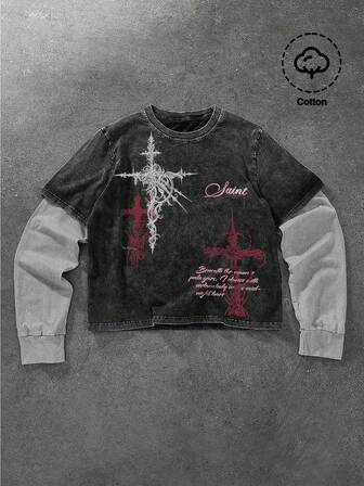 Maglietta casual da uomo vintage a due in uno con stampa a contrasto di slogan e croce