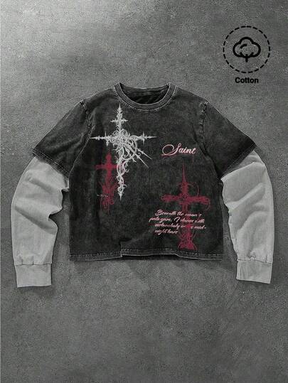 Camiseta casual de hombre con estampado de eslogan y cruz en contraste de color 2 en 1